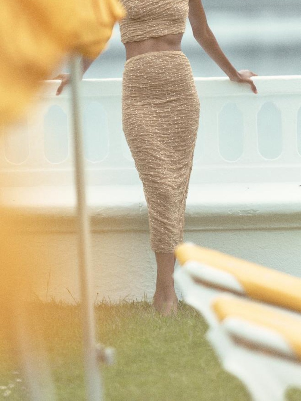 Zara Beige Mesh Lace Shiny Ruched Rhinestone Bodycon Midi Skirt Sz S